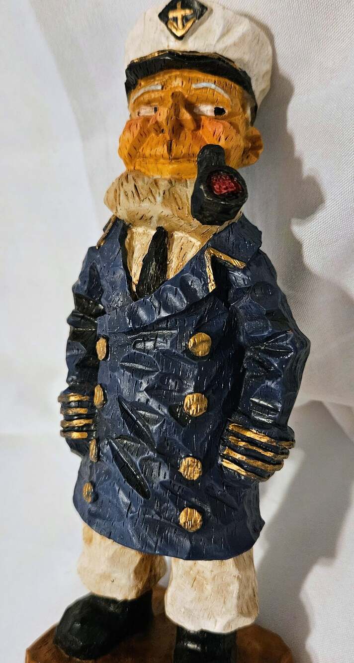 Vintage Carved Wood Sea Captain Figurine with Pipe and Blue Coat